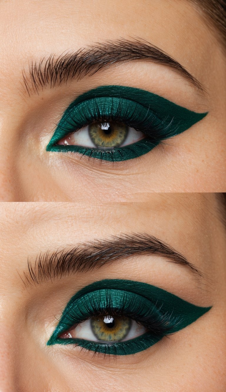 Vibrant forest green eye makeup with bold accents on a clean, neutral background