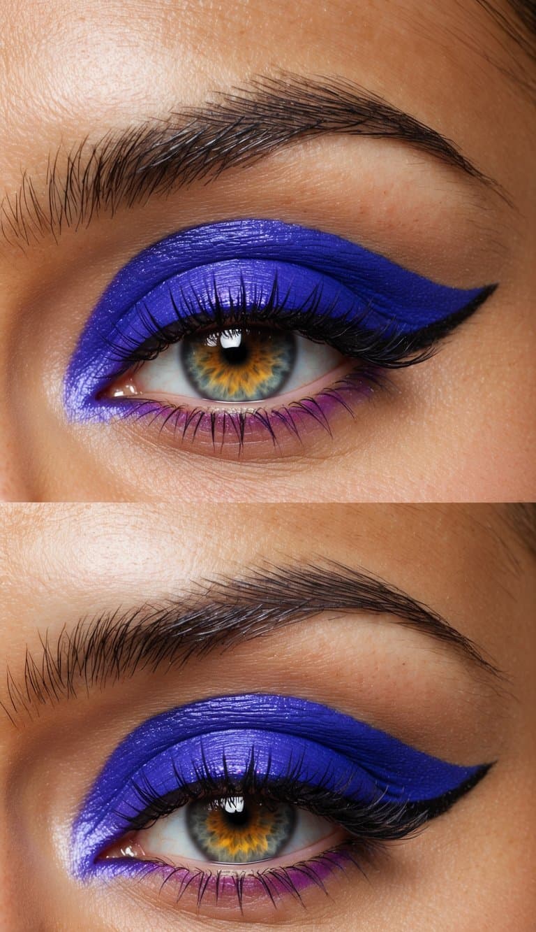 Vibrant violet eyeliner on a bright, sunlit eye with bold, colorful eyeshadow