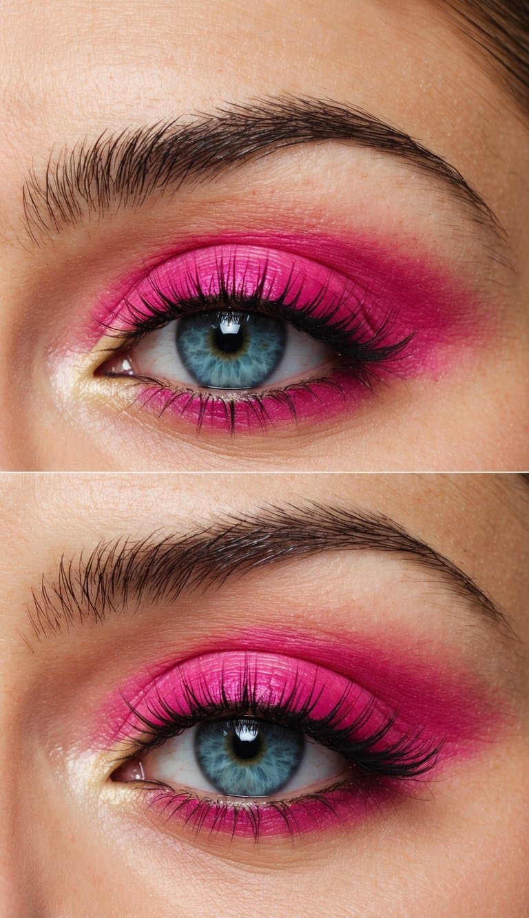 Vibrant pink lemonade and opal-inspired eye makeup with bold summer colors