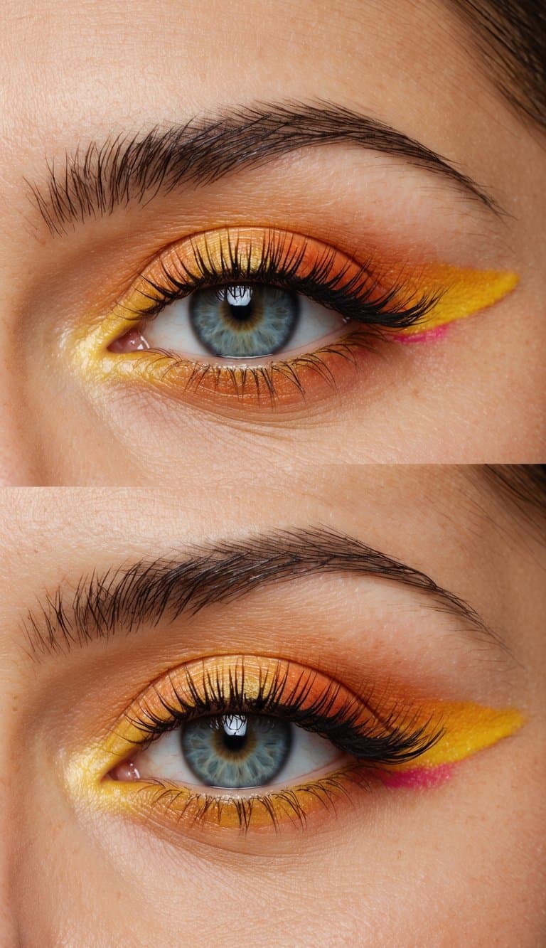 A close-up of an eye with vibrant, bold summer makeup, featuring golden peach and bright, colorful eyeshadows
