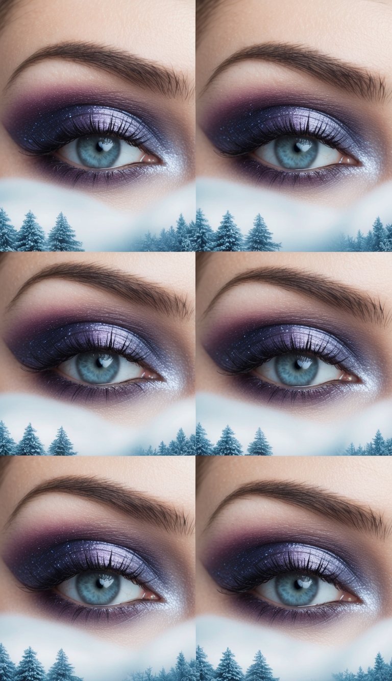 A winter landscape with frosted plum shadows and icy blue hues, evoking a cold and shimmering atmosphere