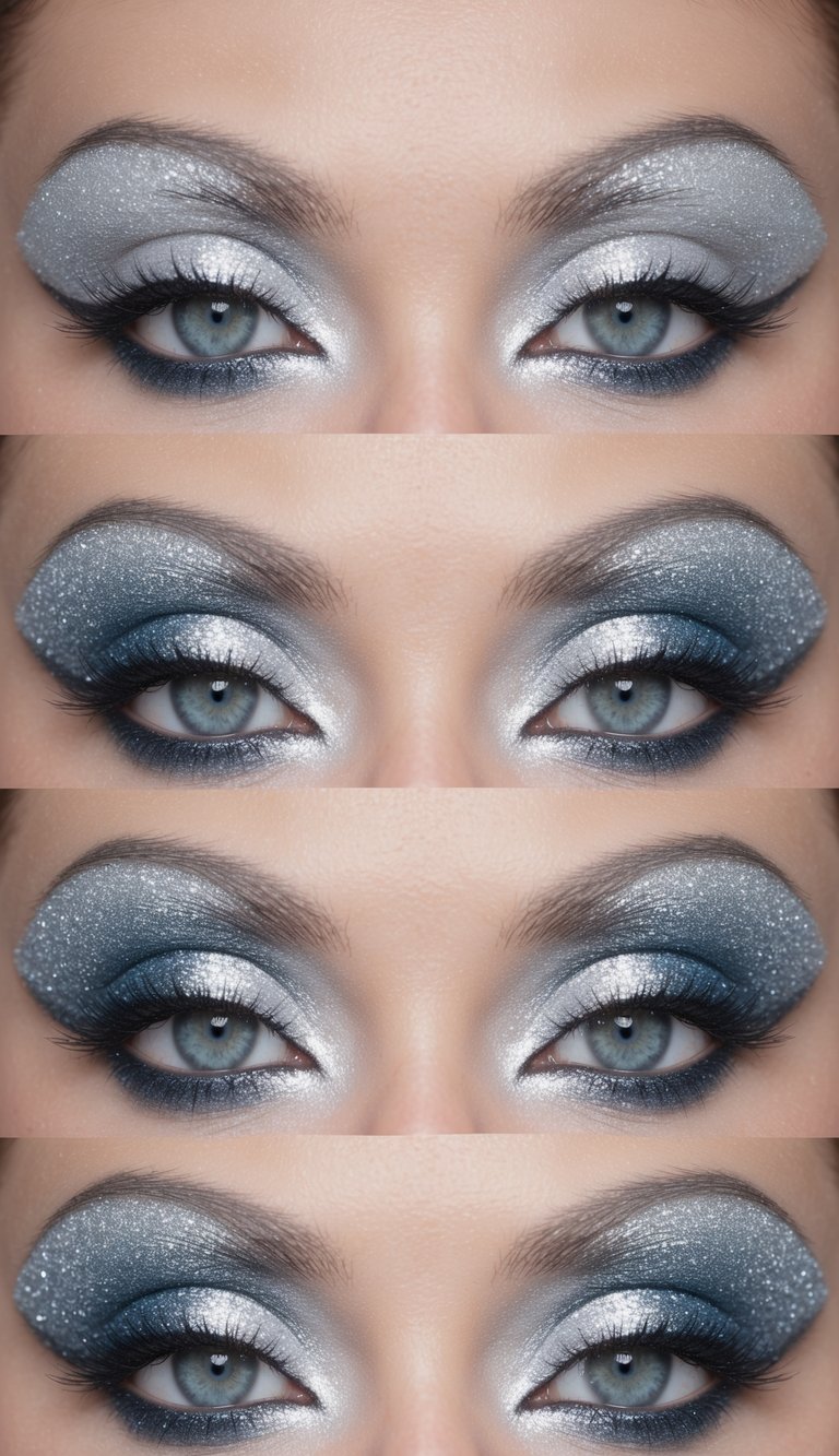 A close-up of glittery cat eyes with frosty silver and icy blue eyeshadow, capturing the essence of winter in a glamorous and captivating makeup look