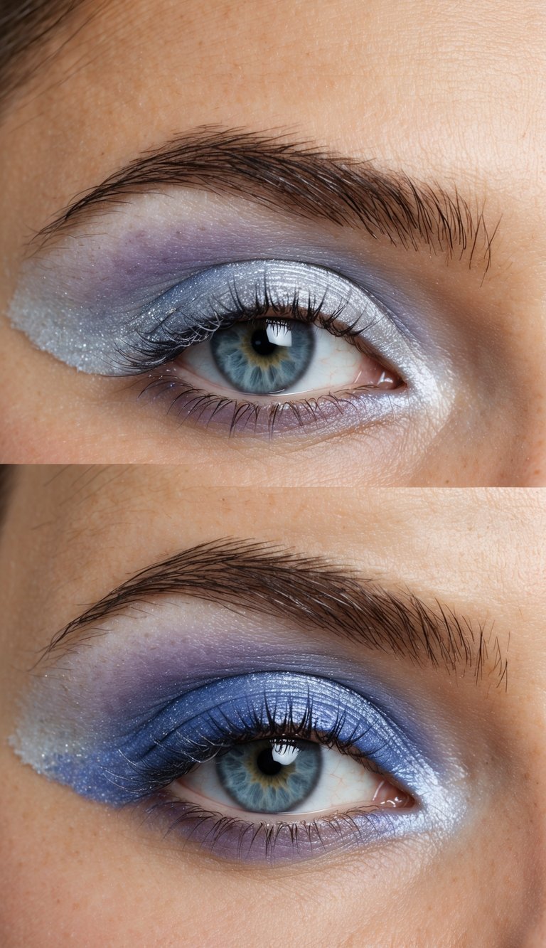 A close-up of an eye with a frosty silver and icy blue eyeshadow blending into a chilled lavender shadow