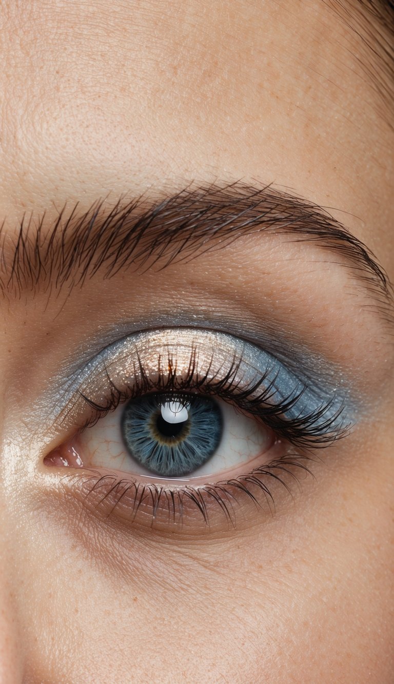 A close-up of an eye with frosty silver and icy blue eyeshadow, creating a rose gold glow effect