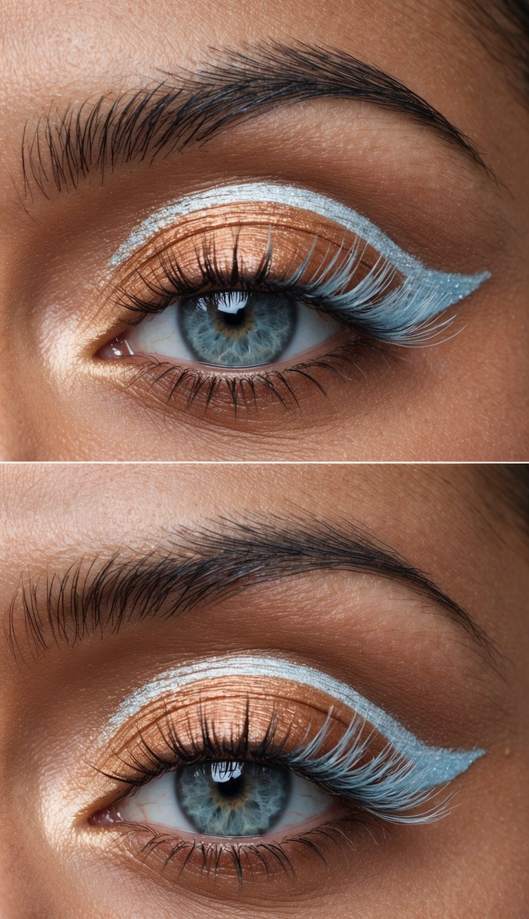 A close-up of warm copper eye makeup with frosty silver and icy blue accents