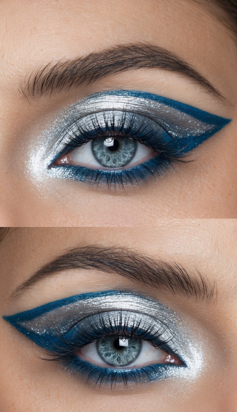 Shimmering silver eyeshadow and icy blue accents create a frosty winter eye makeup look