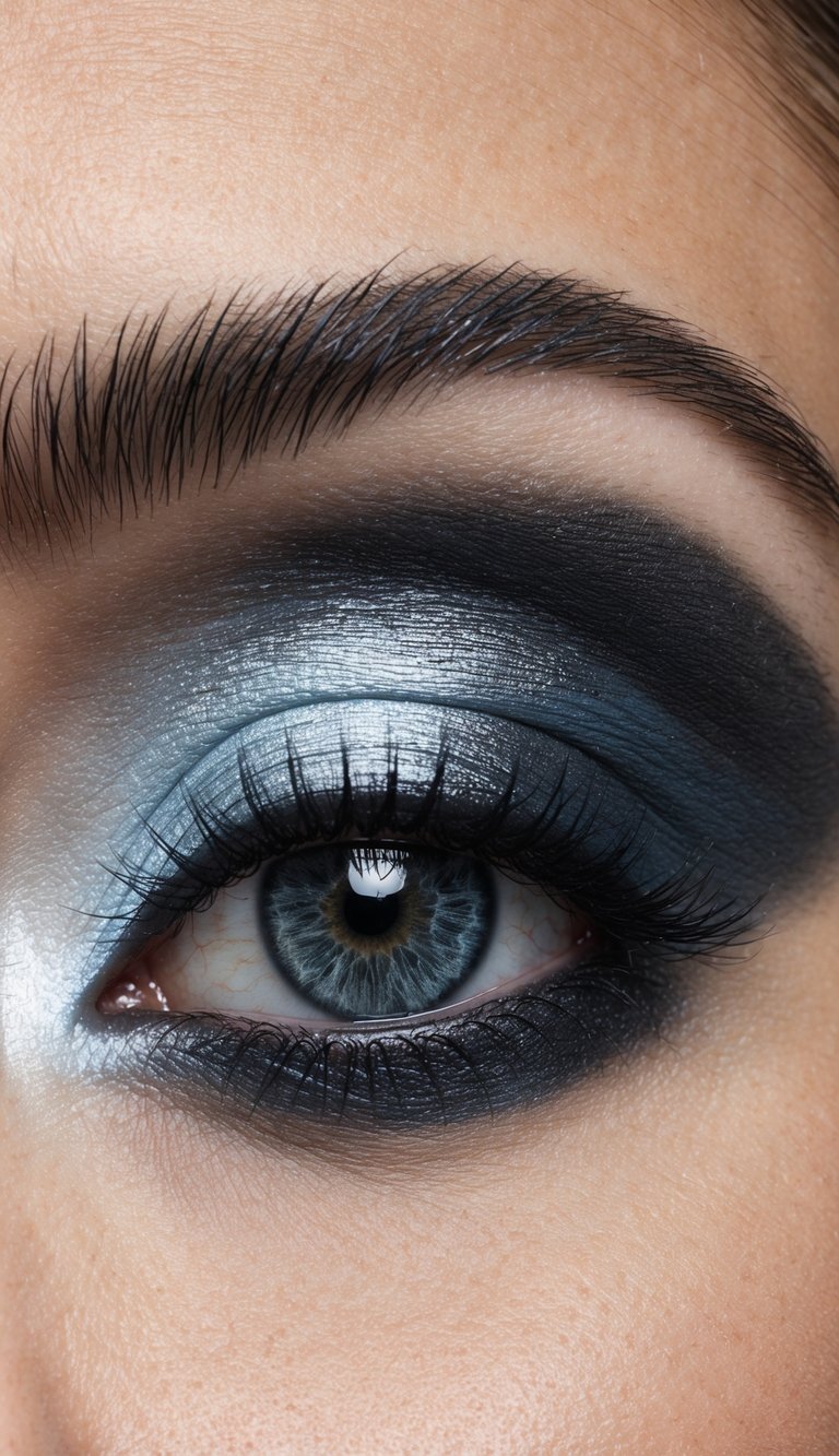 A close-up of a charcoal contour eye makeup look with frosty silver and icy blue shades, creating a wintry and chic aesthetic