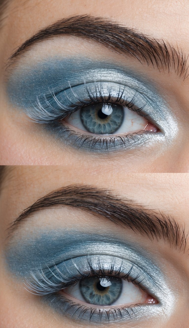 A close-up of a pair of eyes with frosty silver and icy blue eyeshadow, creating a subtle and elegant winter look