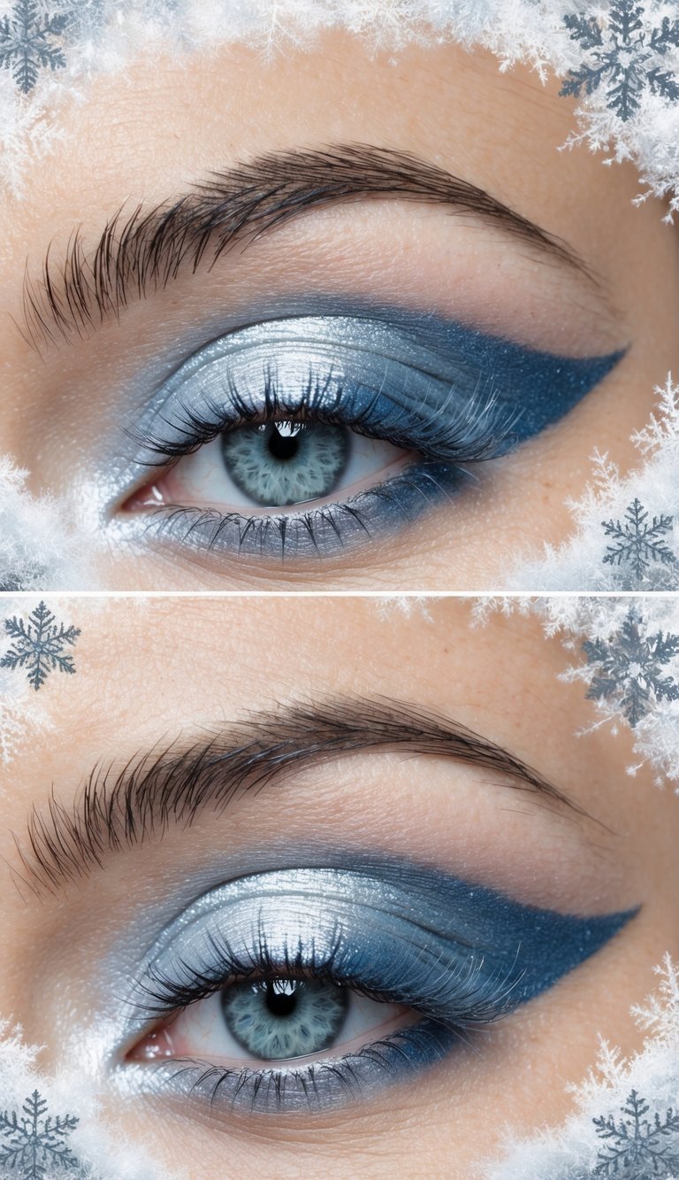 A close-up of a frosty silver and icy blue eye makeup look with a dusty rose flick, set against a winter-themed background of snowflakes and shimmering frost