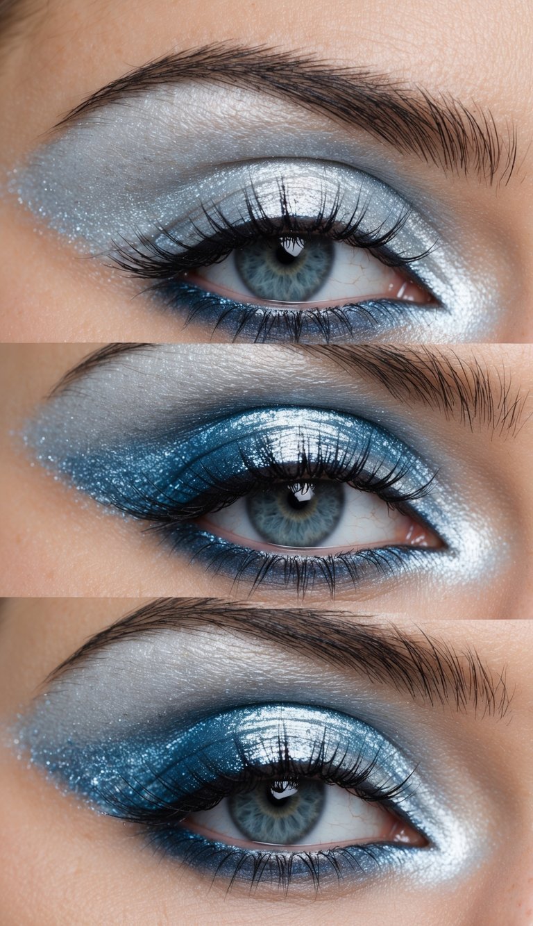A wintry landscape with shimmering silver and icy blue hues, reflecting the opalescent glow of the winter sun
