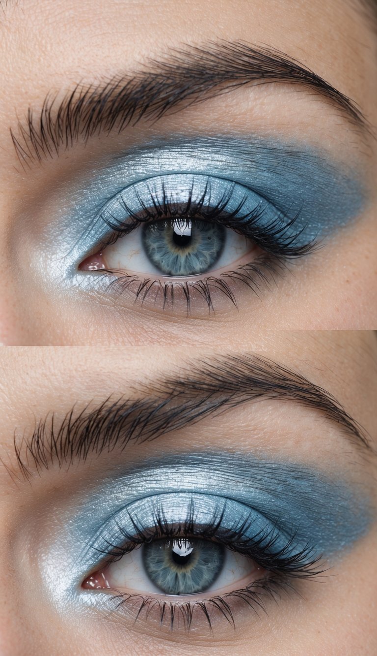 A close-up of a pair of eyes with frosty silver and icy blue eyeshadow, creating a wintry and ethereal look