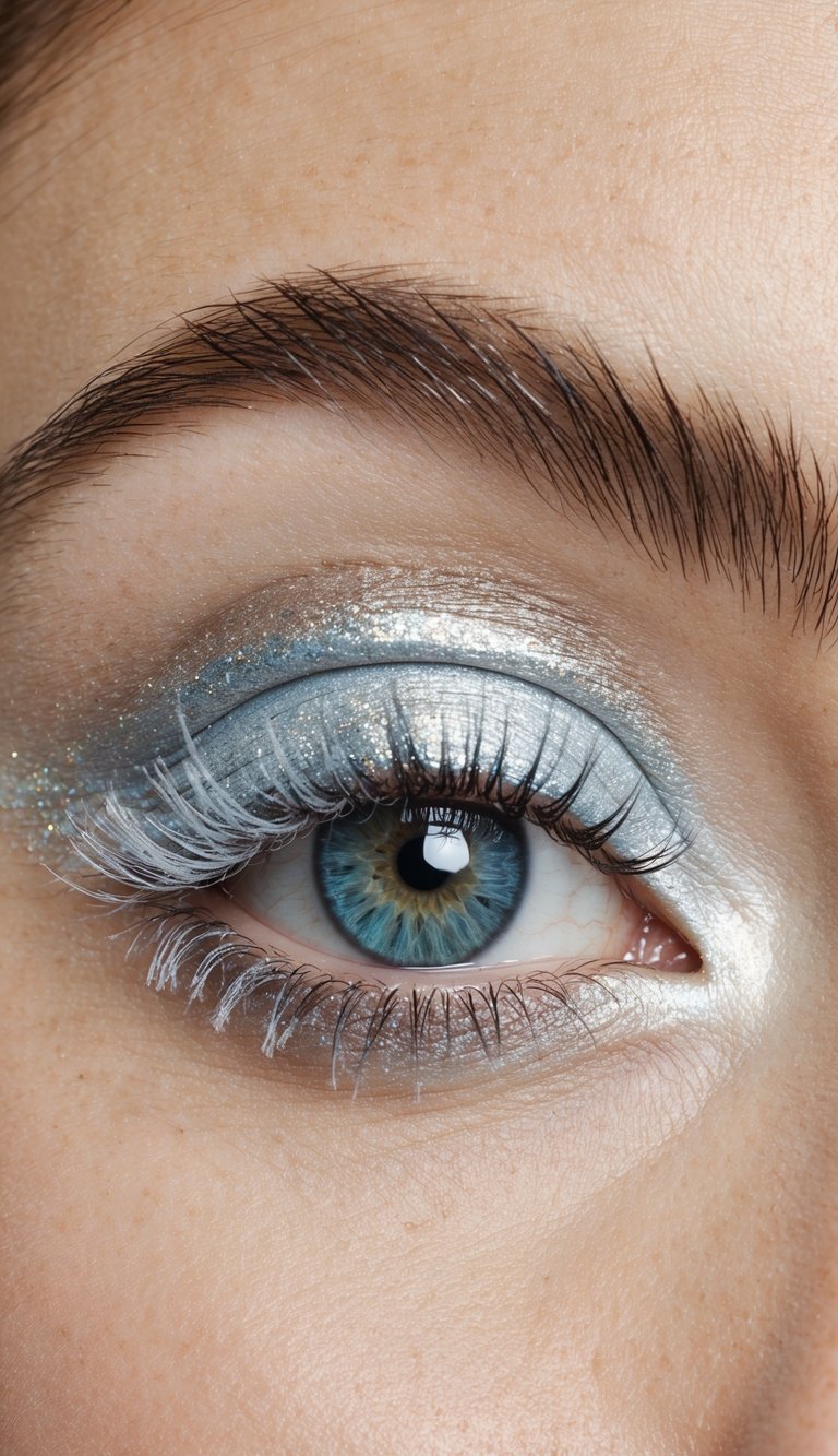 Iridescent pearl eyelids shimmer with frosty silver and icy blue eyeshadow, creating a wintry makeup look