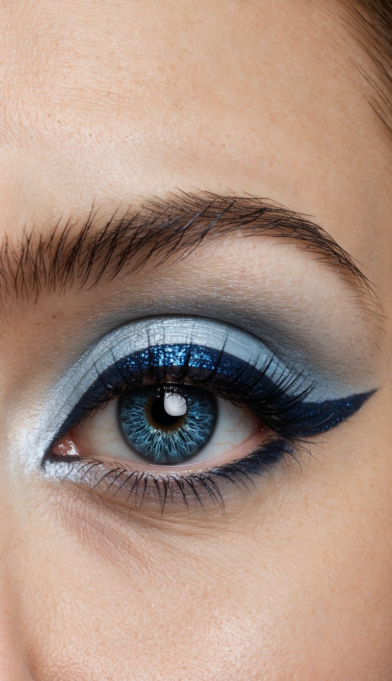 A close-up of an eye with frosty silver and icy blue eyeshadow, accented with dark sapphire eyeliner and shimmering glitter