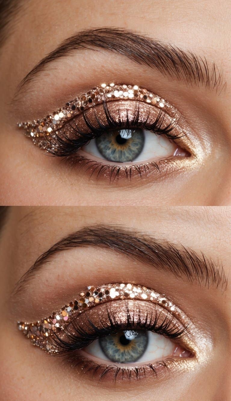 A close-up of a sparkling rose gold eye makeup look with bold glitter and shimmering accents, creating a romantic and glamorous vibe