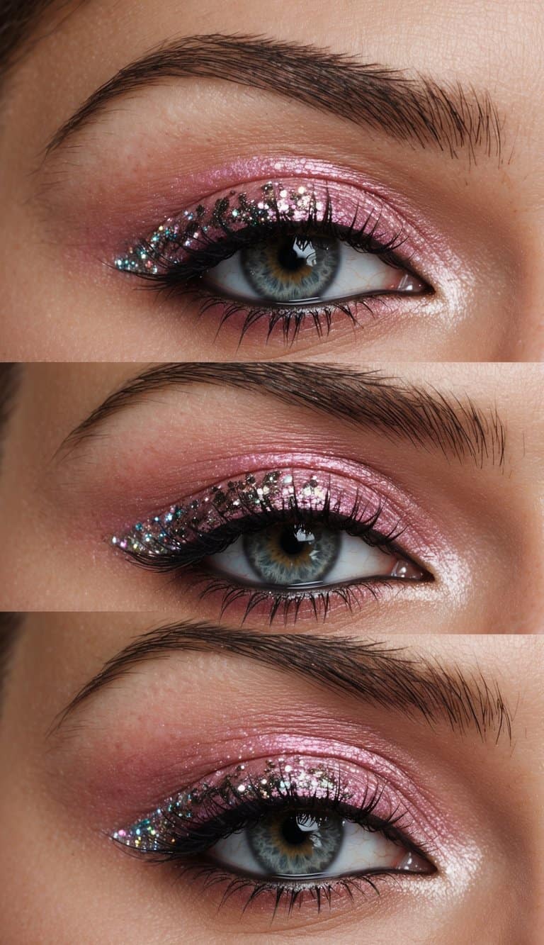 Soft pink shimmer eyeshadow with bold glitter accents