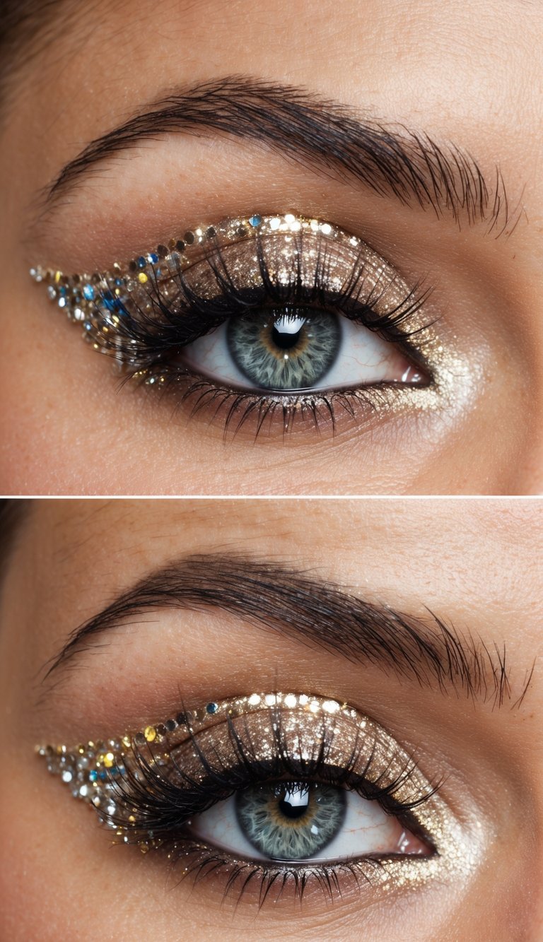 A close-up of a sparkling eye with shimmering eyeshadow and glittery accents, capturing the essence of glamorous New Year's Eve makeup