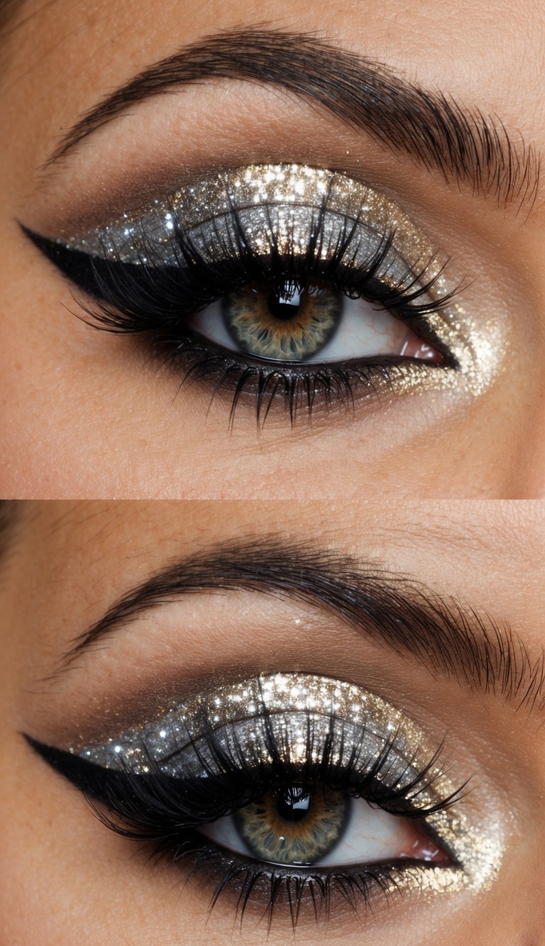 A close-up of a sparkling, reverse smoky eye with shimmering gold and silver eyeshadow, accented with dramatic black eyeliner and long, fluttery lashes