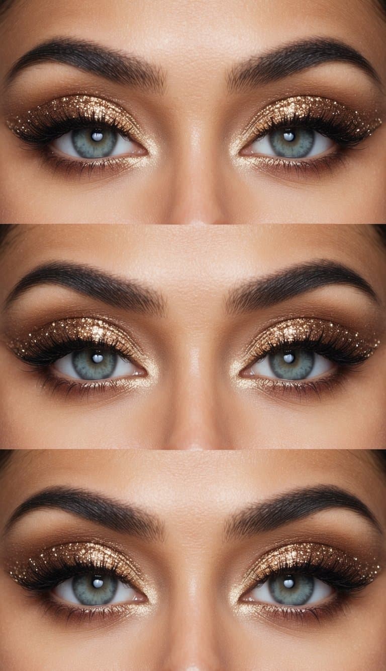 A close-up of a sparkling bronze eye makeup look with subtle glitter accents, creating a bold and glamorous effect perfect for prom
