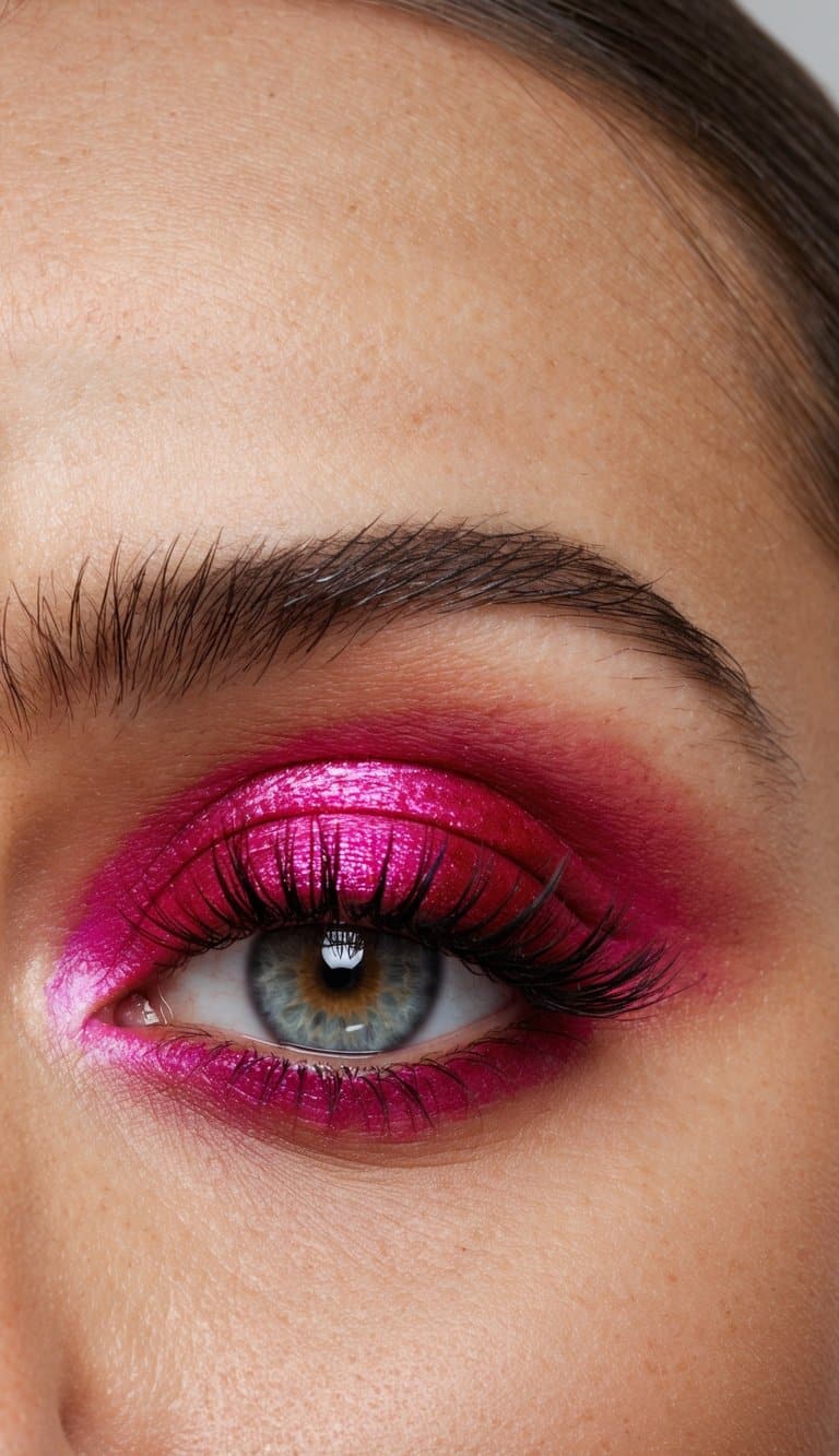 A close-up of a vibrant, glittering eye makeup look with bold crimson and pink shades
