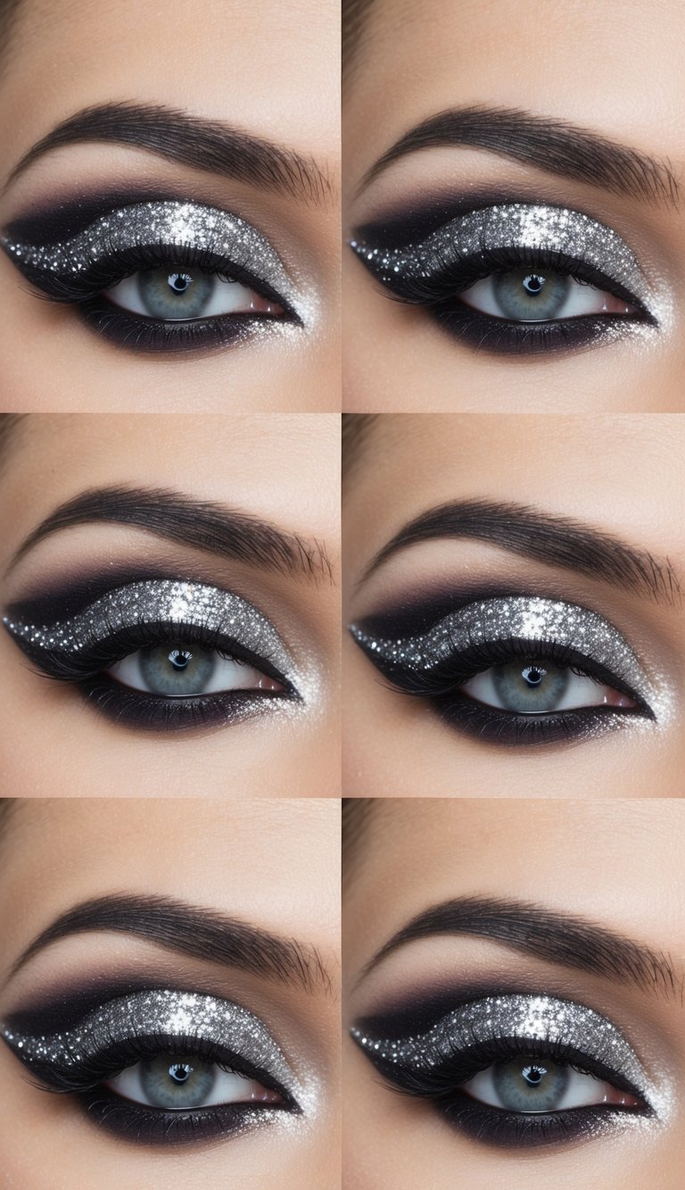 A sparkling, monochrome eye makeup look with shimmering silver and black accents, creating a glamorous and festive New Year's Eve vibe