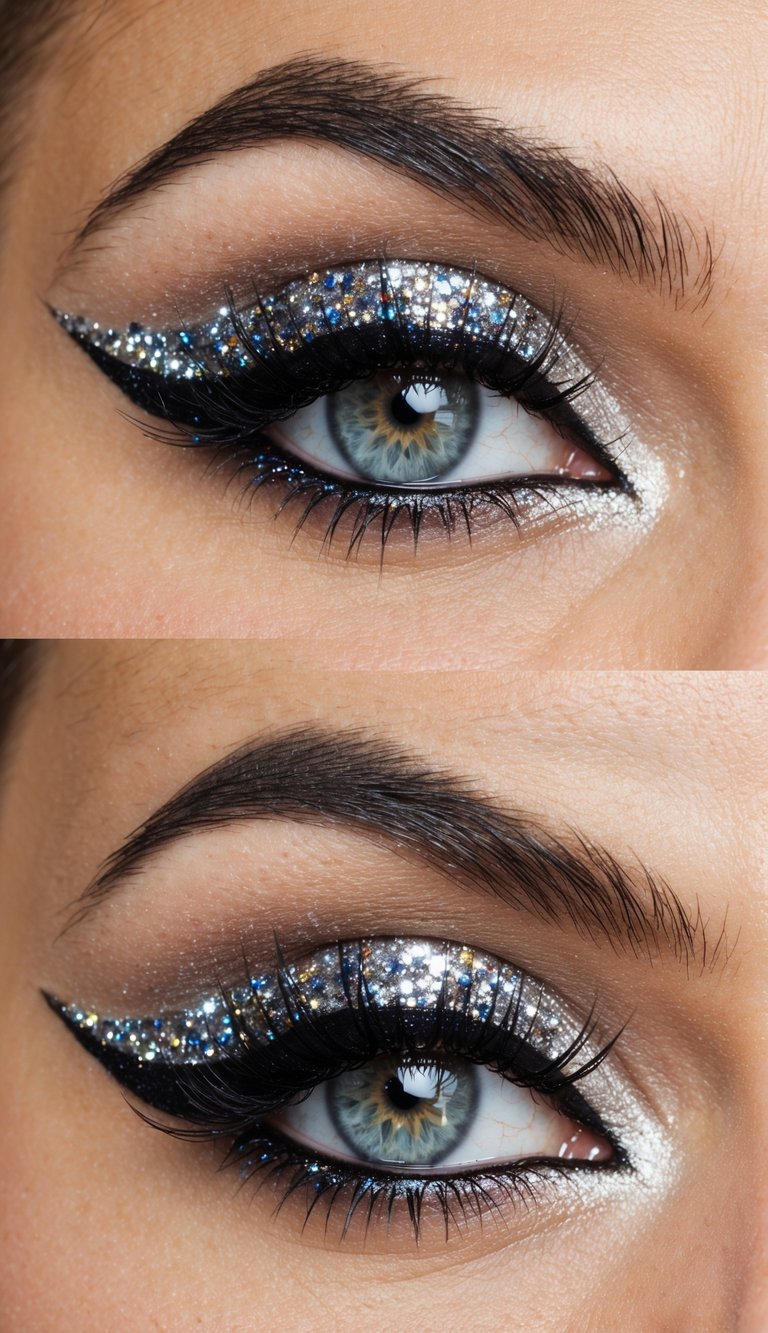 A sparkling eye adorned with dramatic winged eyeliner and glittery eyeshadow, evoking a glamorous New Year's Eve makeup look