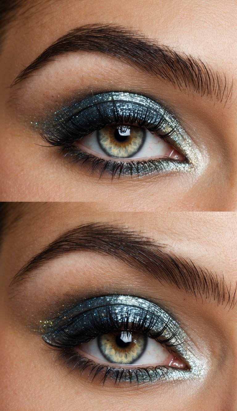 A pair of eyelids adorned with shimmery two-tone eyeshadow, reflecting the glimmering lights of a New Year's Eve celebration