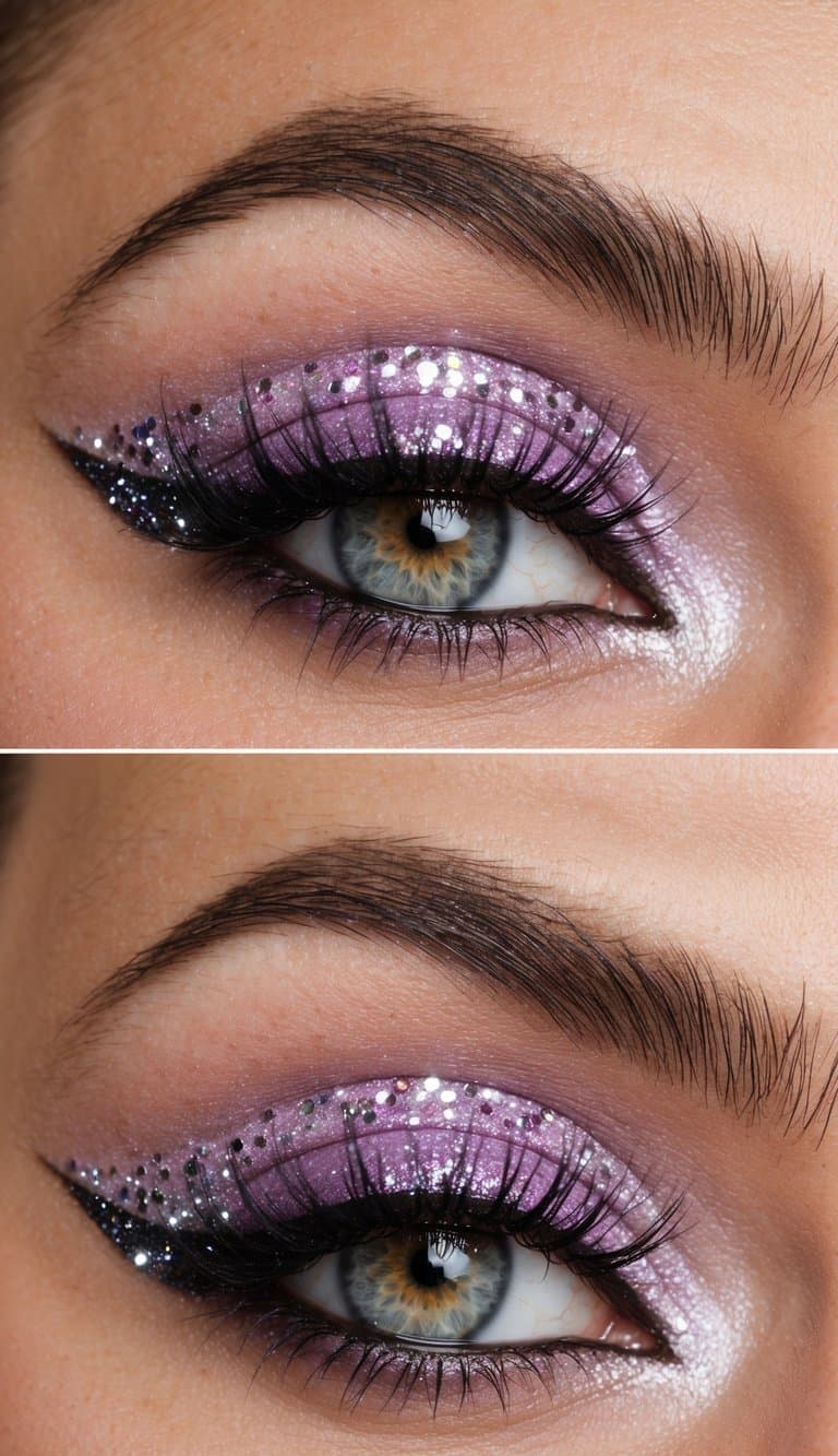 A close-up of a sparkling lavender eye makeup look with bold glitter accents