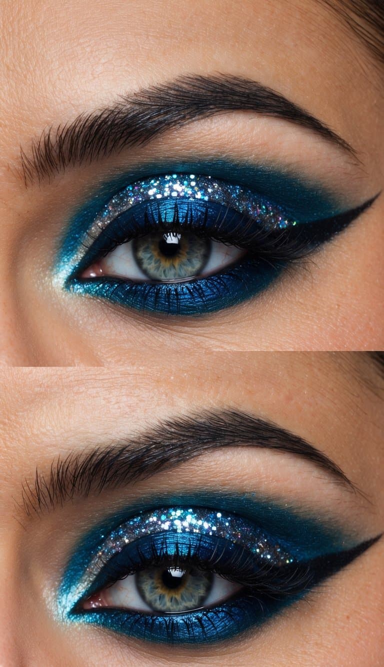 A close-up of a dramatic eye makeup look with bold glitter and shimmering sapphire hues, creating a stunning and glamorous effect