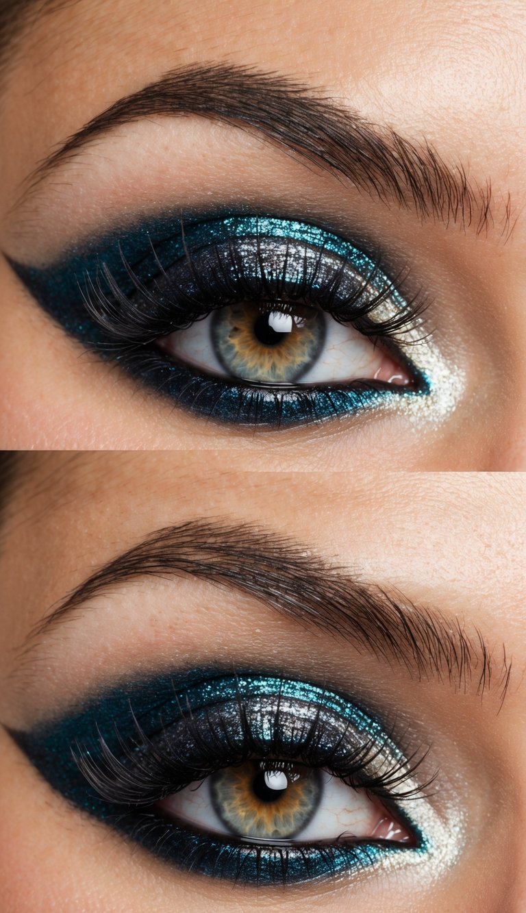 A close-up of shimmering eyelids with dramatic eye makeup, reflecting the festive atmosphere of a New Year's Eve celebration