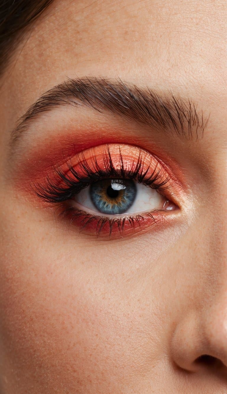 A close-up of an eye with bold coral and glittery prom makeup