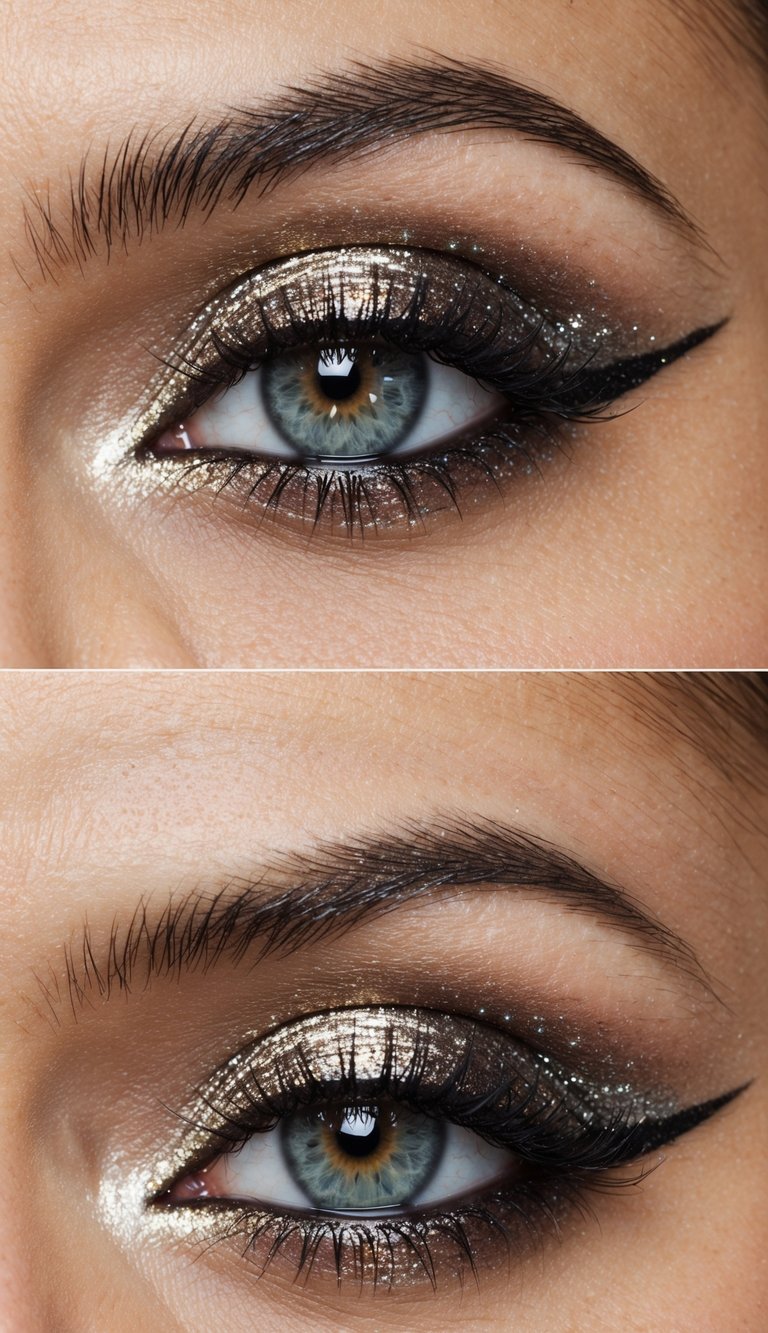 A close-up of a sparkling eye with dramatic metallic eyeshadow and shimmering eyeliner, evoking a glamorous New Year's Eve look