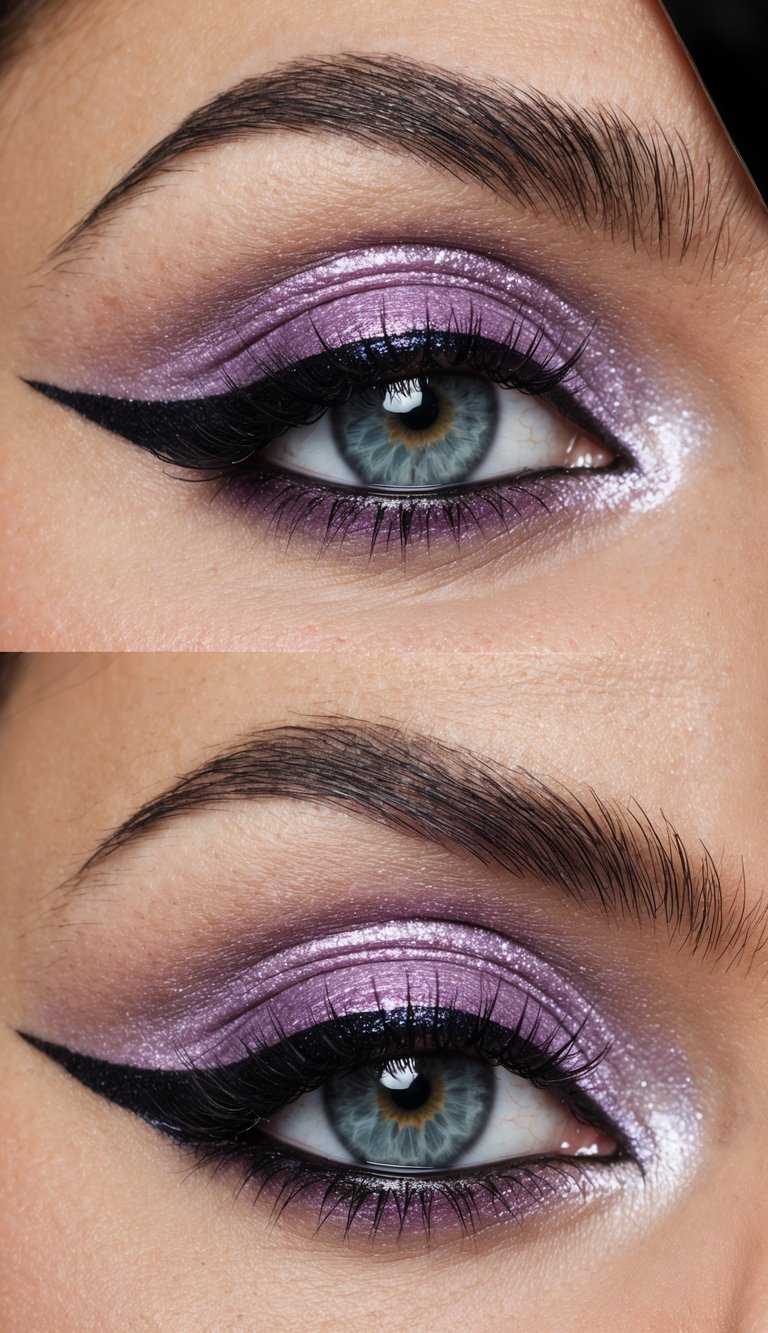 A close-up of a sparkling lavender eye makeup look with shimmering eyeshadow and bold eyeliner, creating a glamorous New Year's Eve vibe