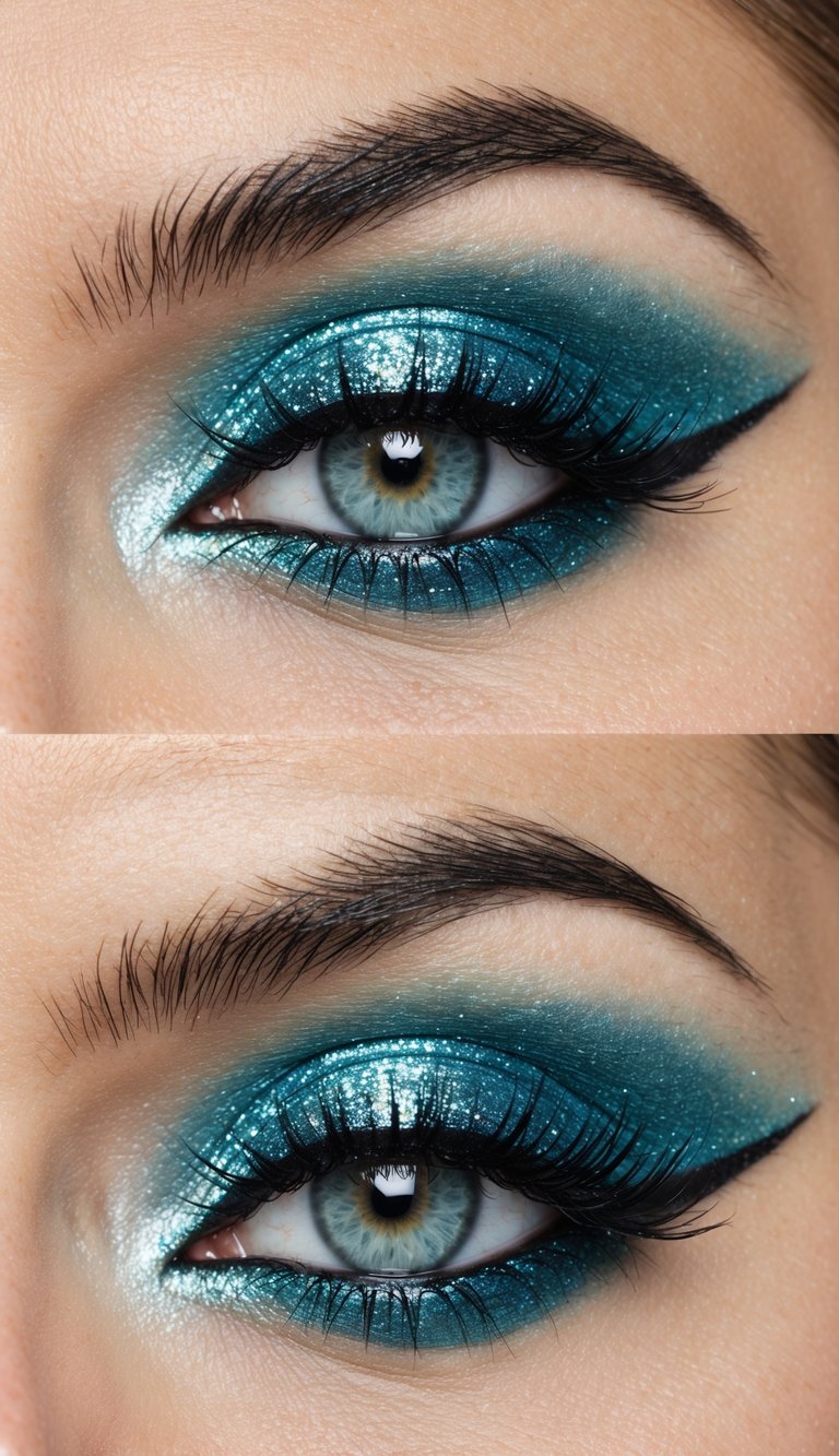 A sparkling aquamarine eyeshadow palette with shimmering accents and bold eyeliner, creating a glamorous New Year's Eve eye makeup look