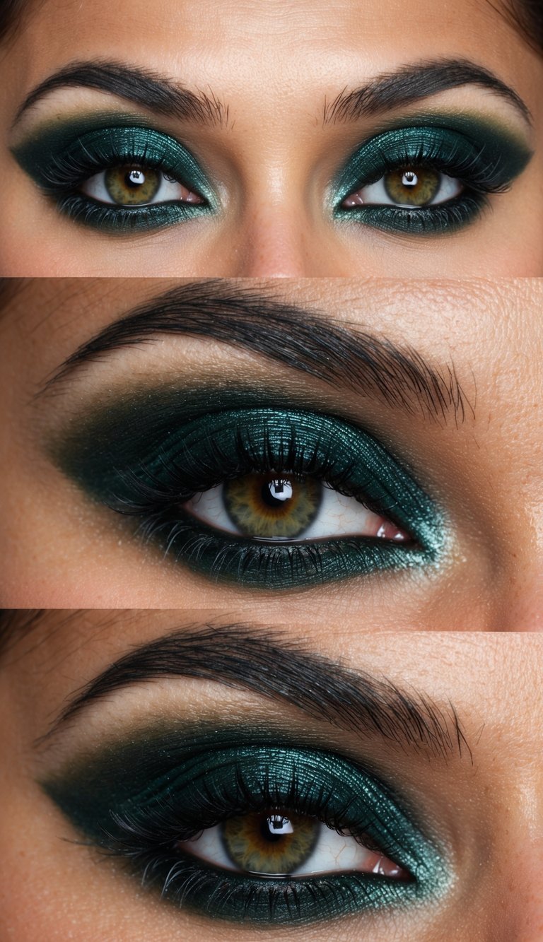 A close-up of a deep green smoky eye makeup look with shimmering highlights