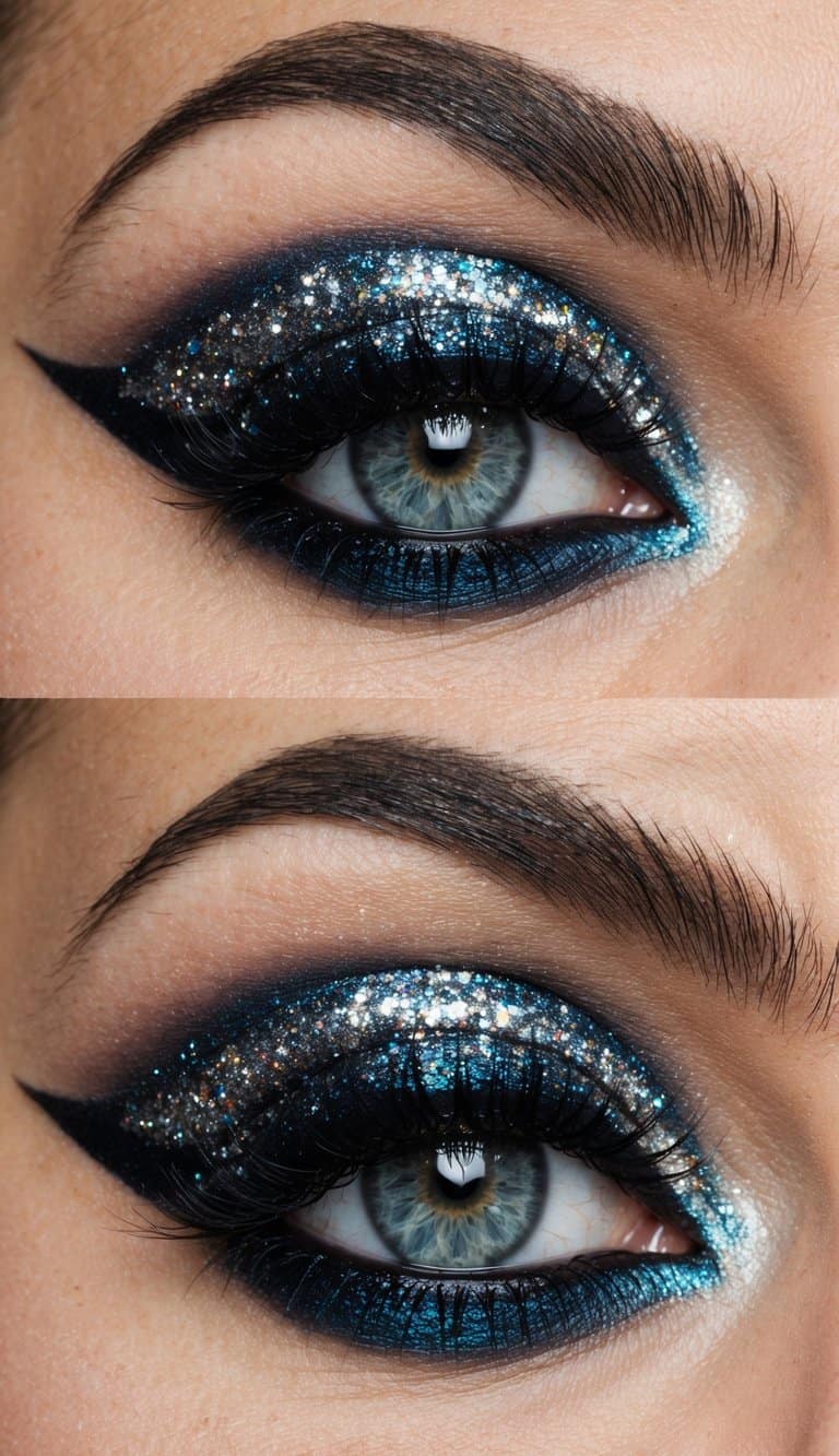 A close-up of a dramatic eye makeup look with bold glitter and shimmer, set against a cloudy sky backdrop