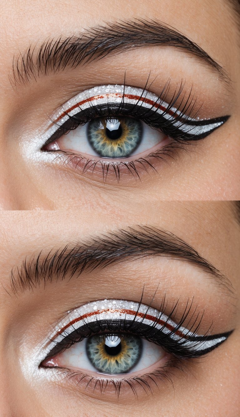 A close-up of a pair of eyes with candy cane eyeliner, surrounded by shimmering Christmas-themed eye makeup