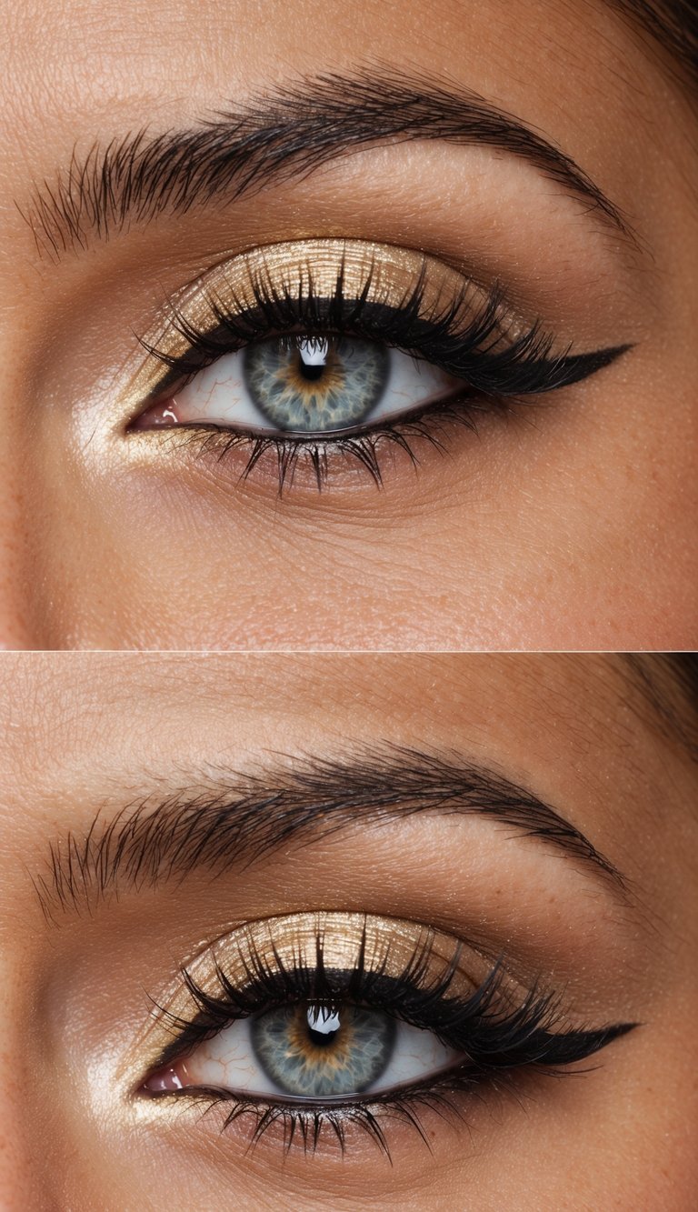 A festive Christmas eye makeup look with shimmering champagne highlight