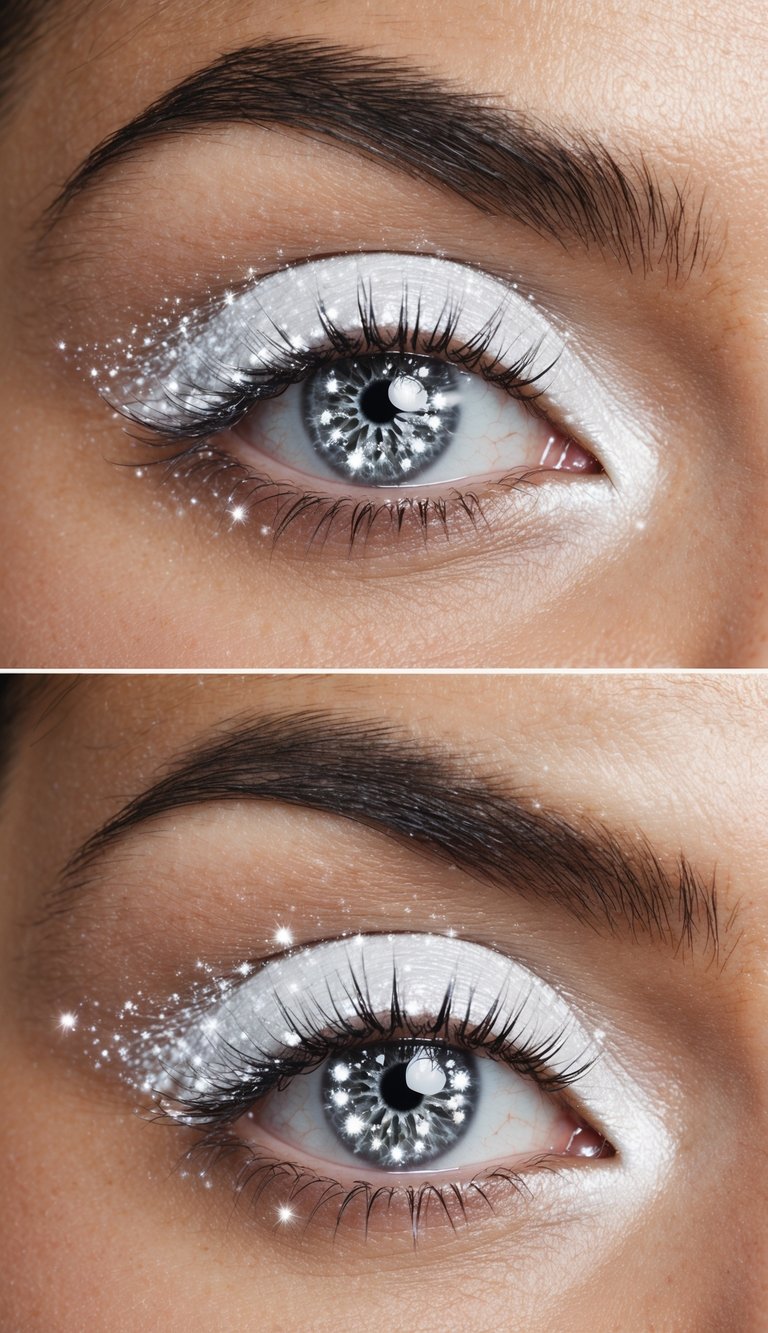 A snowy white halo eye with shimmering Christmas lights reflected in the eyes