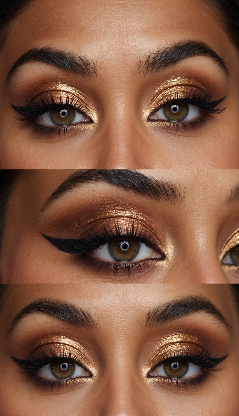 A close-up of a burnished bronze eye with shimmering Christmas-themed makeup