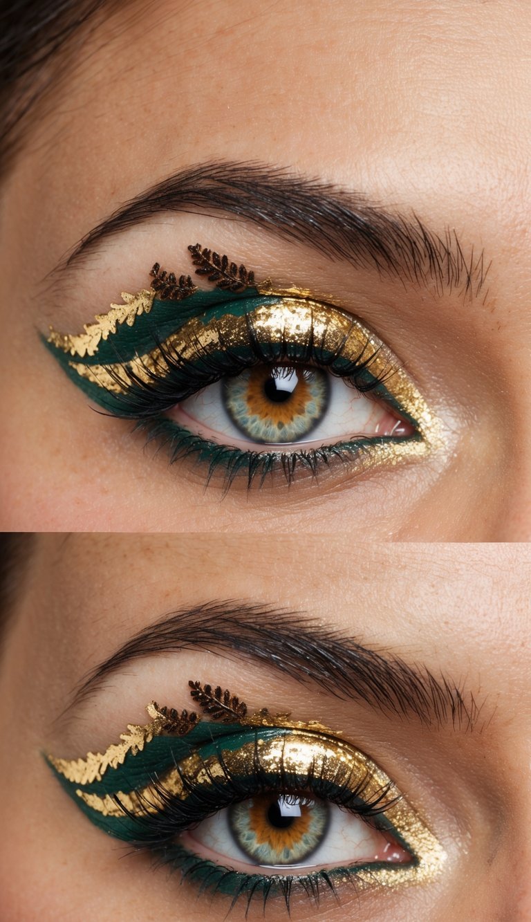 A close-up of an eye with intricate Christmas-themed makeup, featuring gold foil accents and shimmering colors