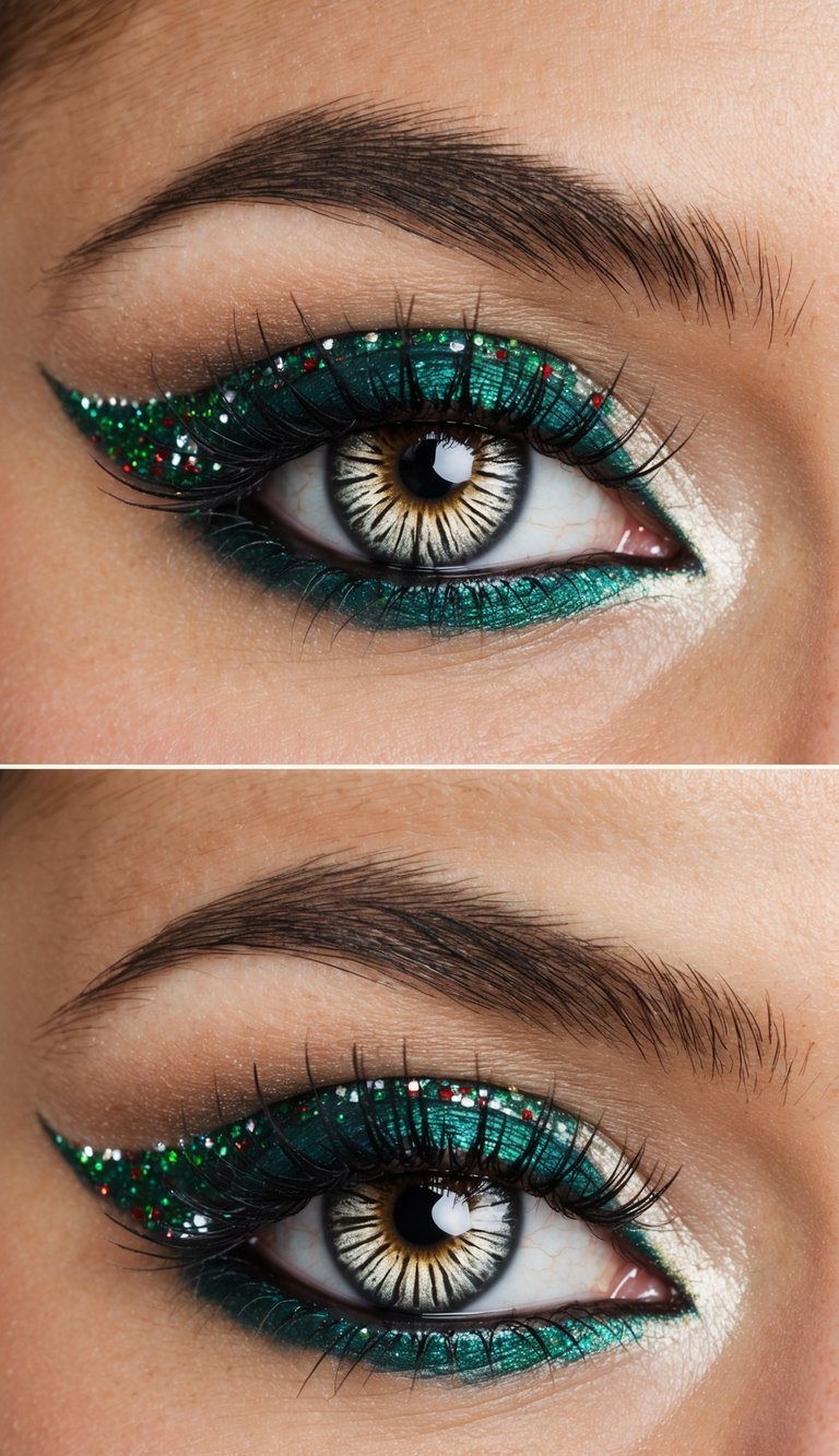 A close-up of a cat's eye with festive Christmas-themed makeup, featuring shimmer and holiday colors