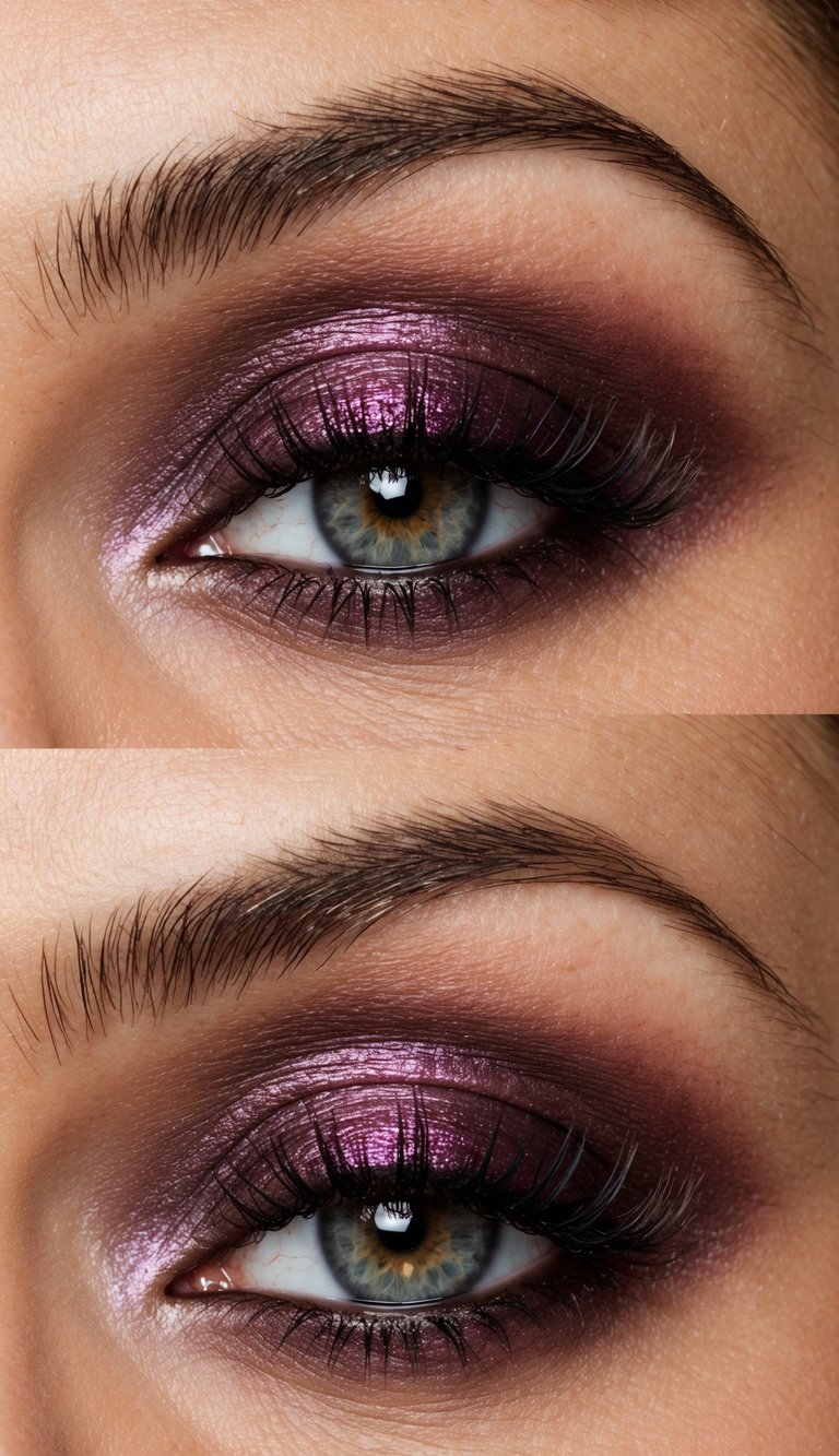 A close-up of a festive eye with plum pudding shadow and shimmer