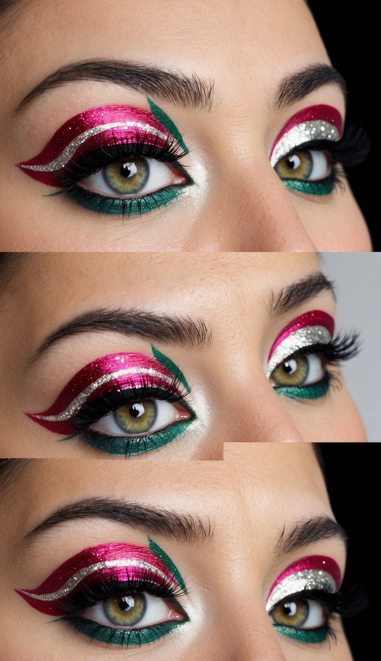 A close-up of an eye with a festive Christmas makeup design featuring peppermint swirls and shimmering accents