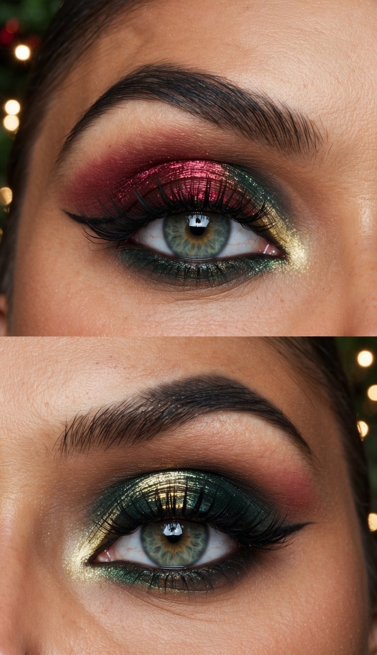 A cozy, dimly lit room with a sparkling Christmas tree in the background, showcasing festive eye makeup in shimmering reds, greens, and golds