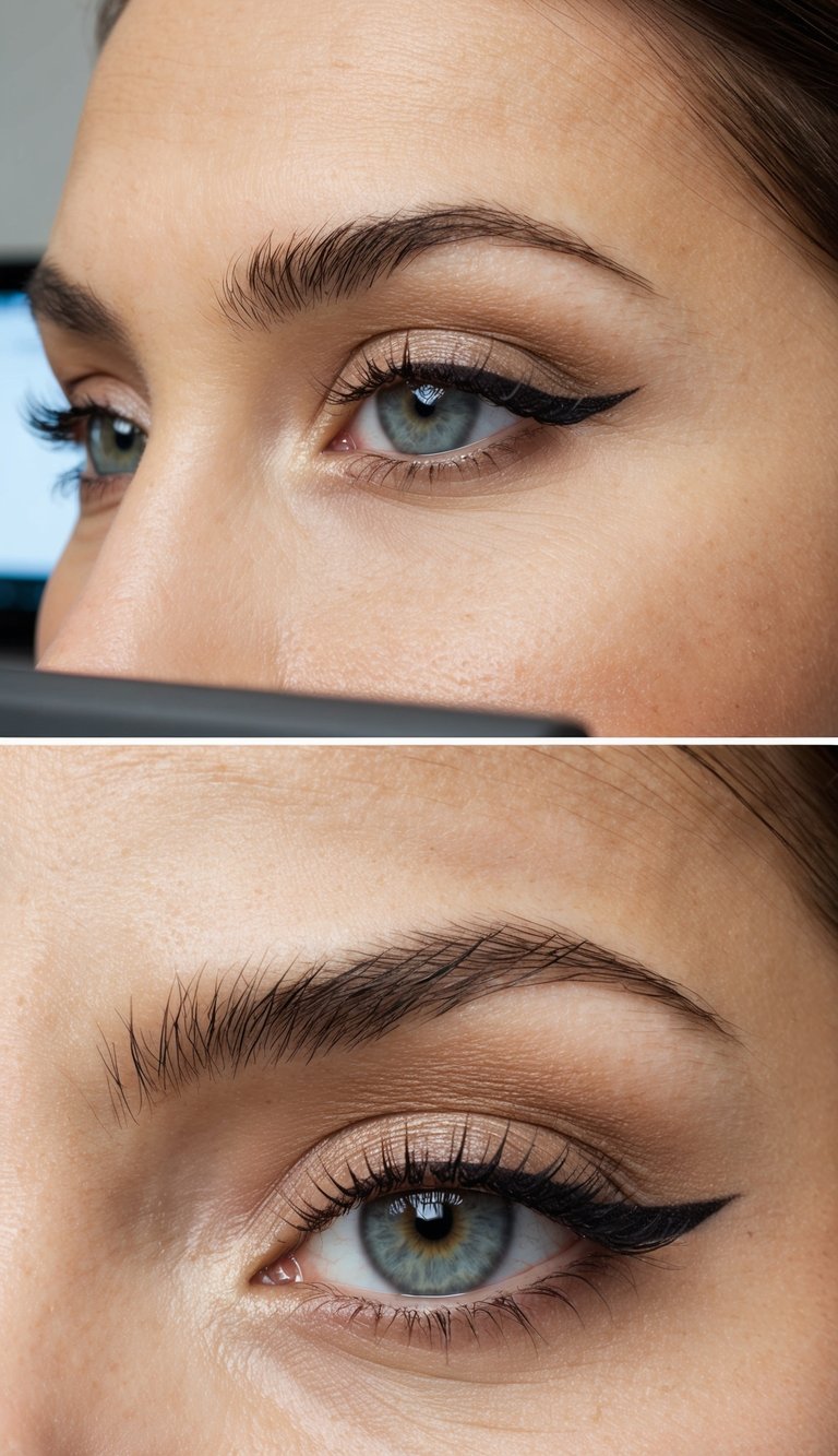 A woman's eye with neutral eyeshadow and subtle eyeliner, in an office setting with a computer and desk supplies