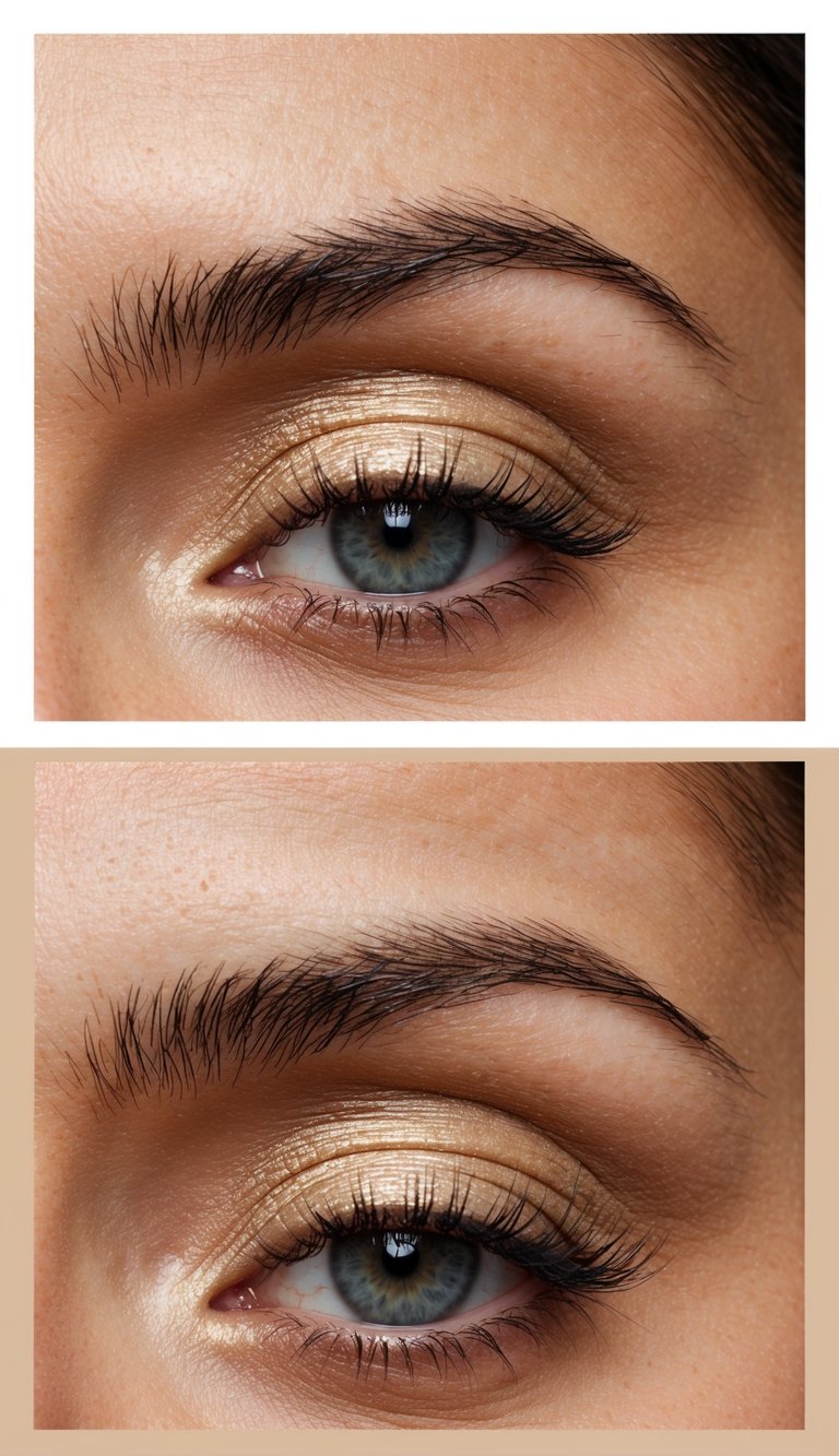 A woman's eye with champagne cream shadow, in an office setting, with professional attire and natural lighting