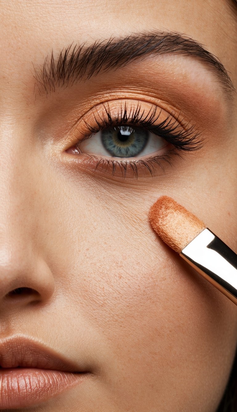 A soft peach eyeshadow being applied to a closed eyelid with a makeup brush