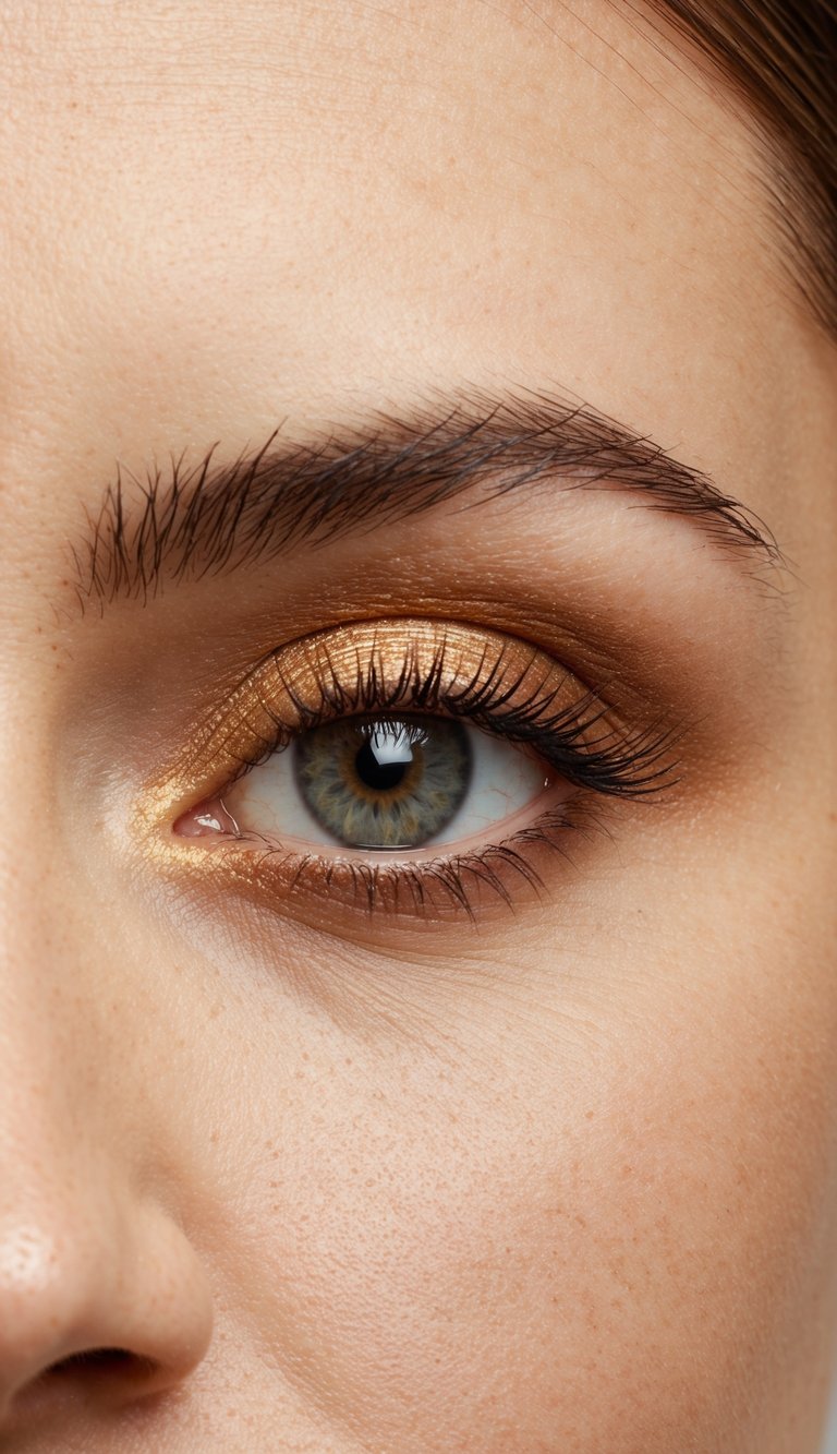 A close-up of an eye with a golden brown crease and neutral eyeshadow, suitable for a professional office setting
