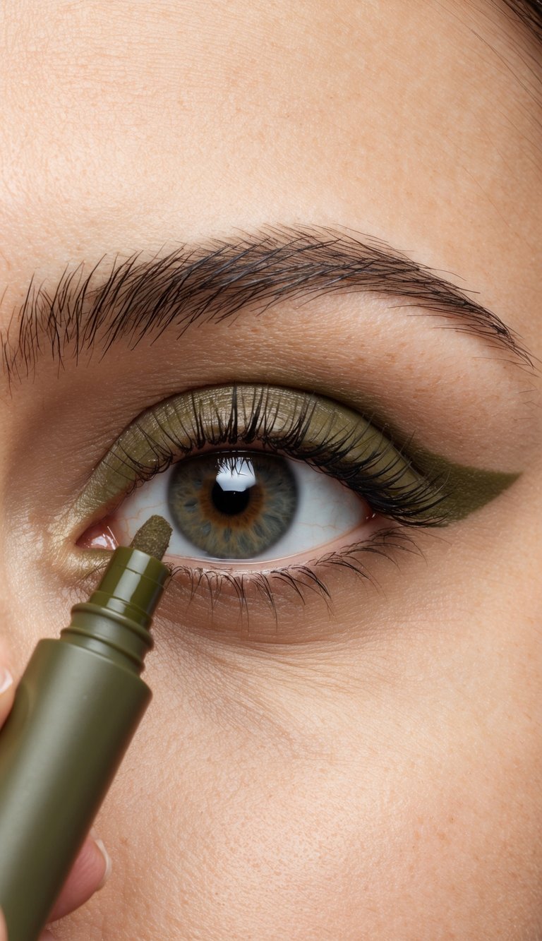A close-up of a matte olive eyeliner being applied to a neutral-toned eyelid, creating a subtle and professional office-appropriate eye makeup look