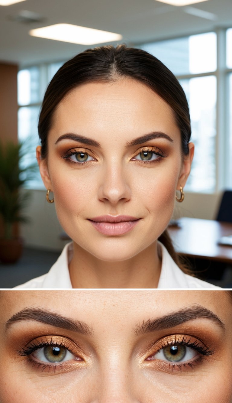 A serene office setting with a woman's face in focus, wearing subtle yet professional eye makeup in a gentle sienna contrast